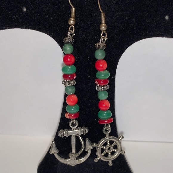 Red Coral and Aventurine Nautical Dangle Earrings - Picture 1 of 7